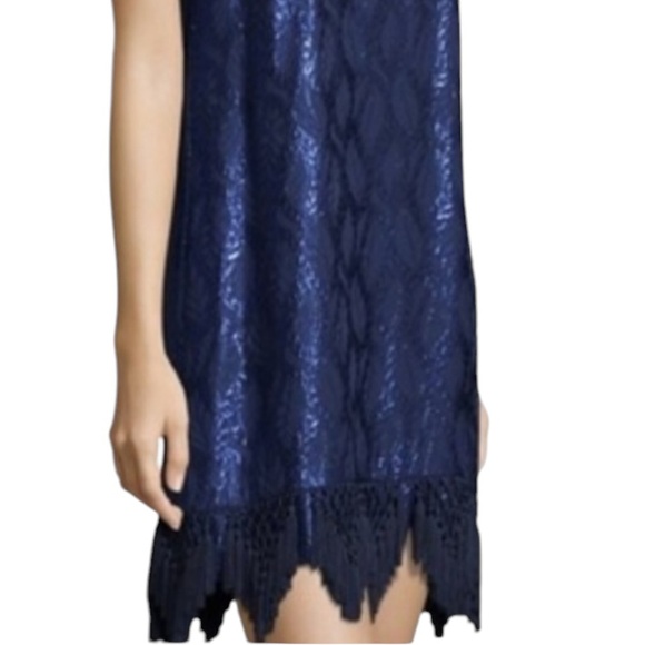 Lilly Pulitzer Marquette Silk Metallic Blue Leaf Jacquard Fringe Shift Dress - S - Picture 4 of 16